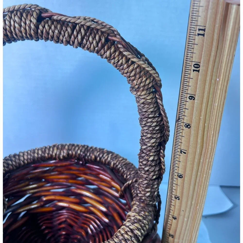 Vintage Round Basket Woven Handcrafted Brown‎ Rattan Wicker Twisted Rope Handle